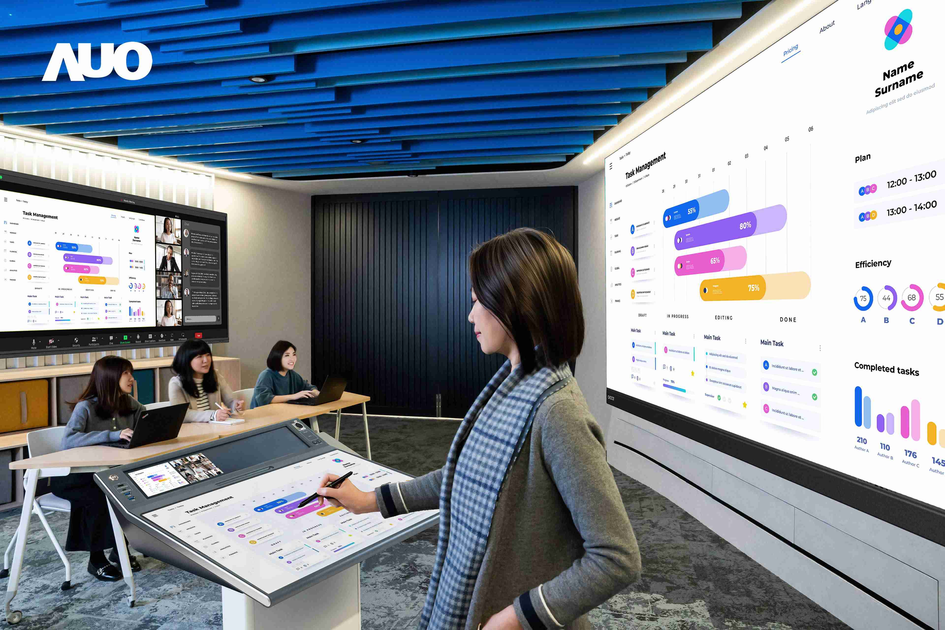 达擎携手Avocor与Rise Vision展示全方位商务领域应用，，，包含采用模块化设计的138吋一体式All-in-One LED显示器及具21:9超宽比例的92吋交互式电子白板（IFPD），，，，讲者可轻松分享内容，，，有效提升会议协作效率。。。